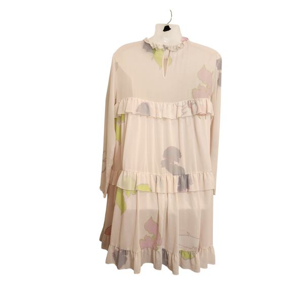 Cynthia Rowley Long Sleeve High Neck Tiered Floral Ruffle Shift Dress Pink Sze 6 - Picture 8 of 11